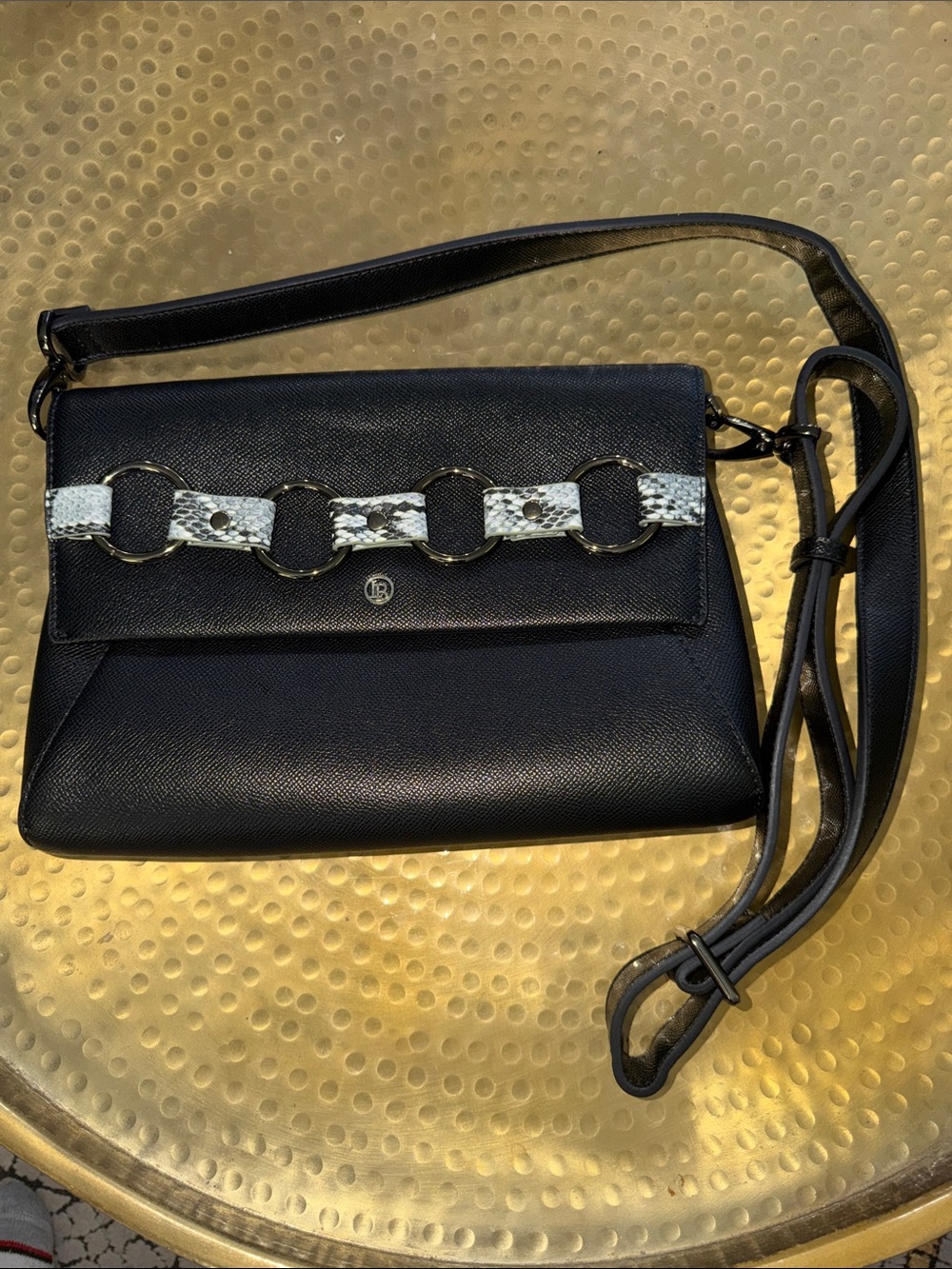La Blanca Black Crossbody with White Snake-Print Chain Detail